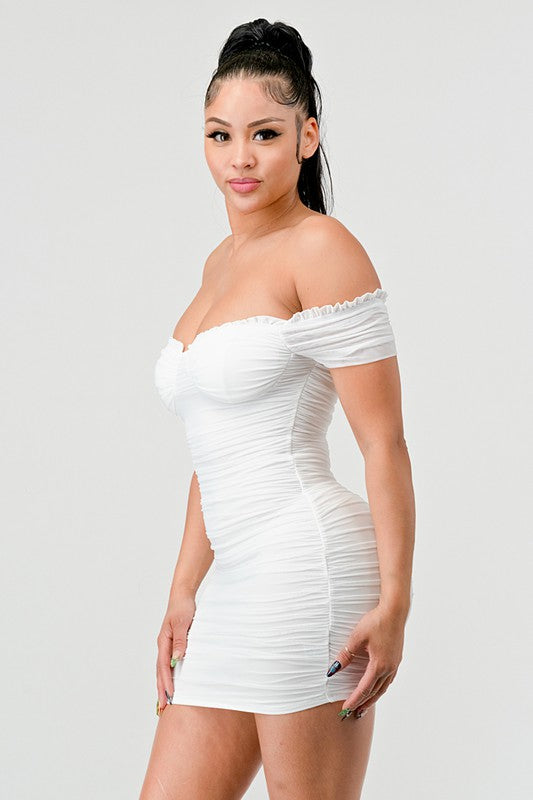 Femme Fatale Mesh Off Shoulder Dress - White