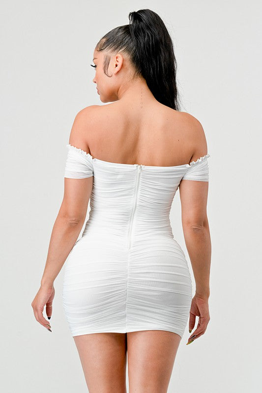 Femme Fatale Mesh Off Shoulder Dress - White - Back View