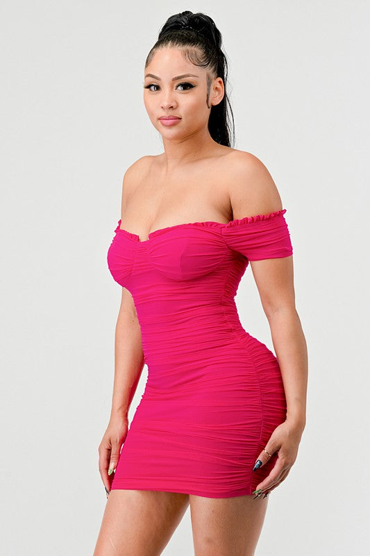 Femme Fatale Mesh Off Shoulder Dress - Hot Pink