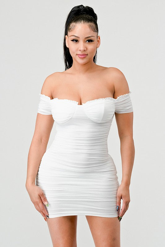 Femme Fatale Mesh Off Shoulder Dress - White