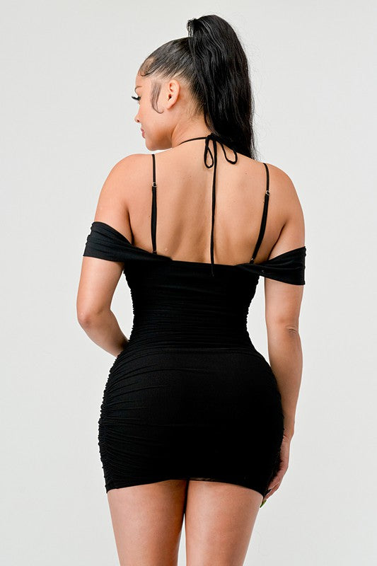 Back of Luxe Mesh Drawstring Off Shoulder Dress in Black