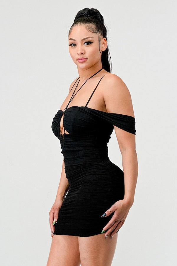 Side of Luxe Mesh Drawstring Off Shoulder Dress in Black