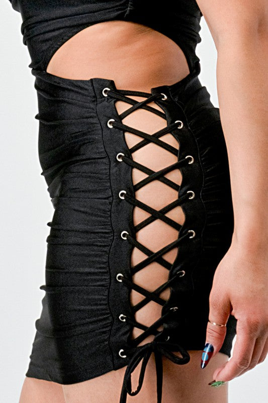 Close up of Ruched Cutout Lace Up Dress in Black Color