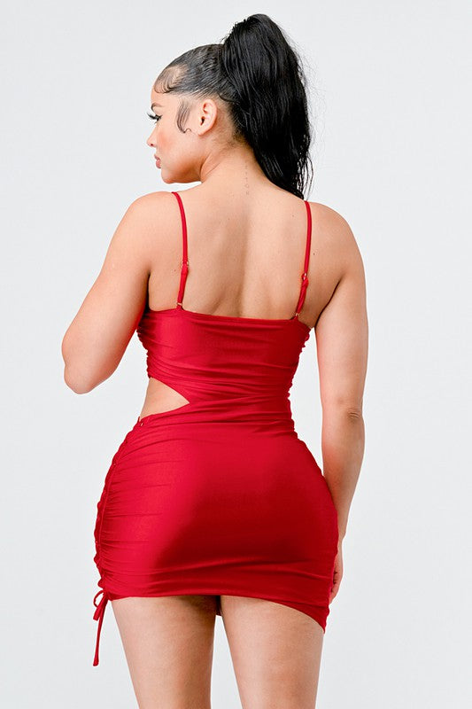 Back of Ruched Cutout Lace Up Dress in Red Color