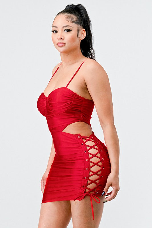 Ruched Cutout Lace Up Dress in Red Color