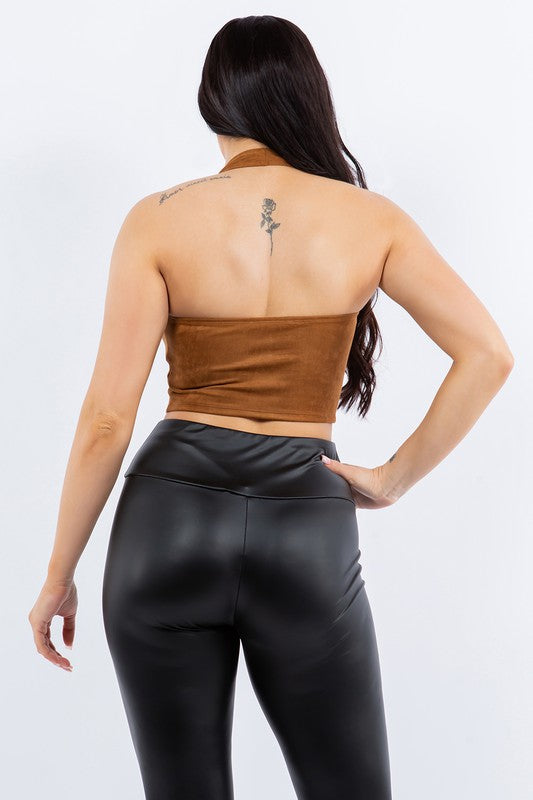 Halter Suede Crop Top With Lace Up - Camel - Back View