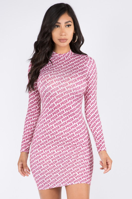 Posh Print Mock Neck Double Layer Mini Dress in pink color