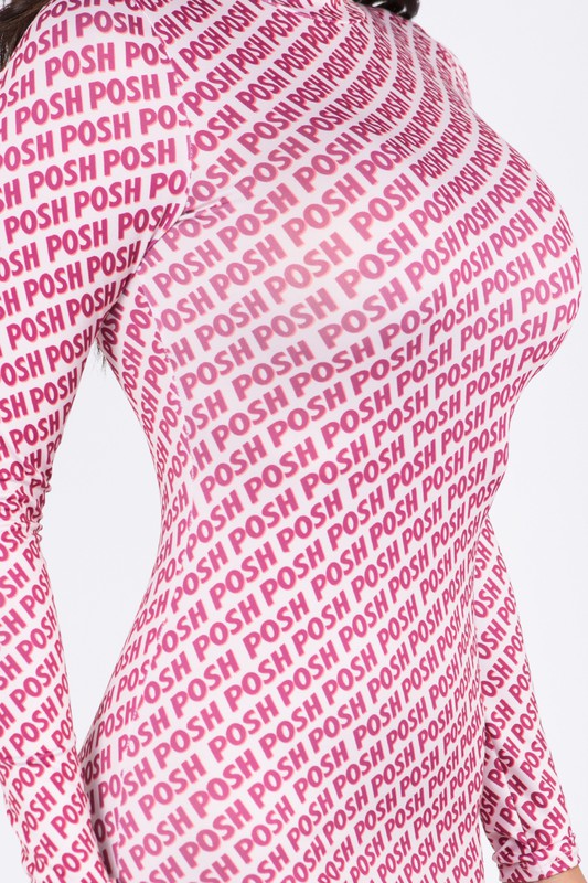 close up of Posh Print Mock Neck Double Layer Mini Dress in pink color
