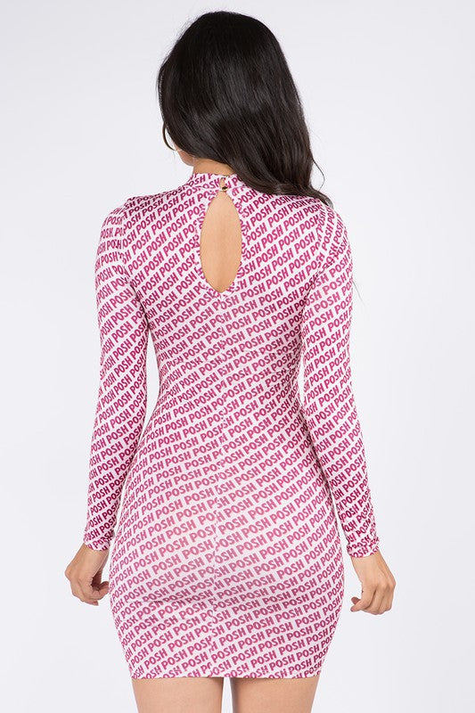 back of Posh Print Mock Neck Double Layer Mini Dress in pink color