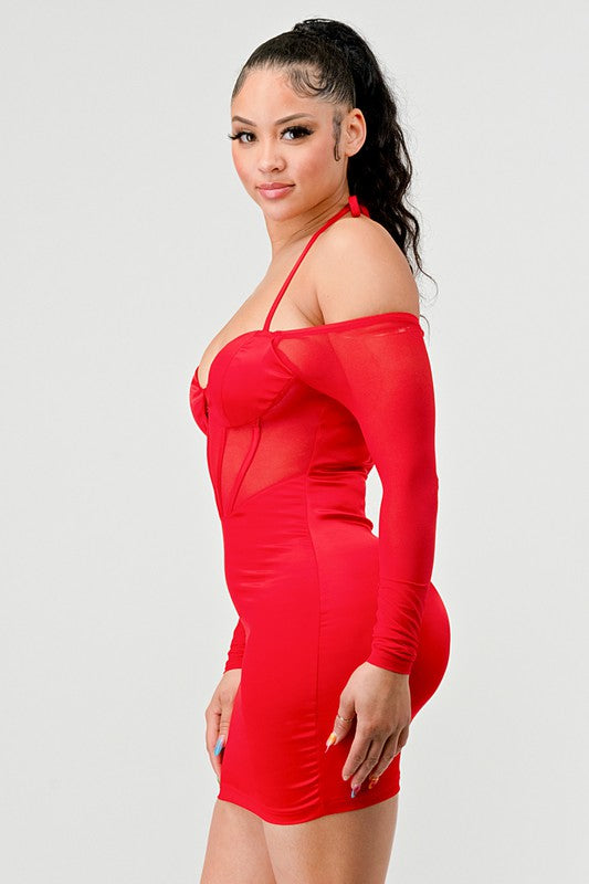Satin See Through Contrast Bustier Dress - Red 