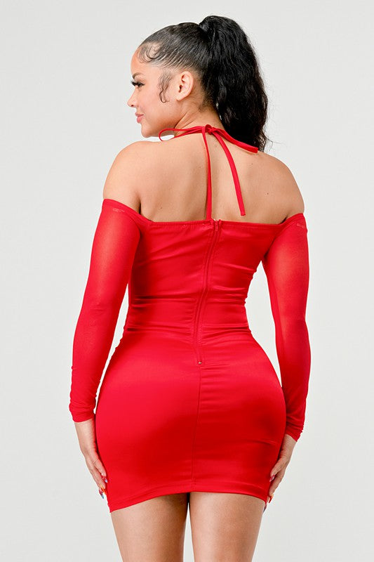 Satin See Through Contrast Bustier Dress - Red - Back View