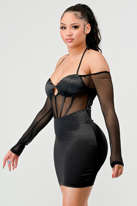 Satin See Through Contrast Bustier Dress - Black