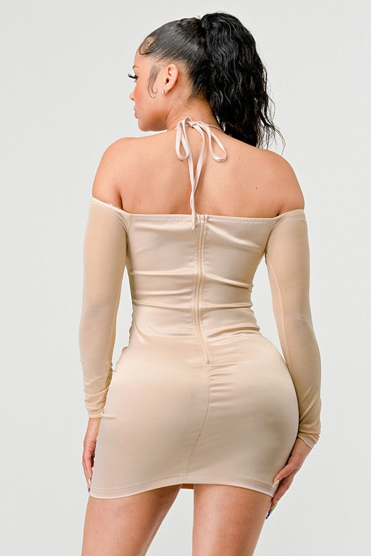 Satin See Through Contrast Bustier Dress - Nude - Back View