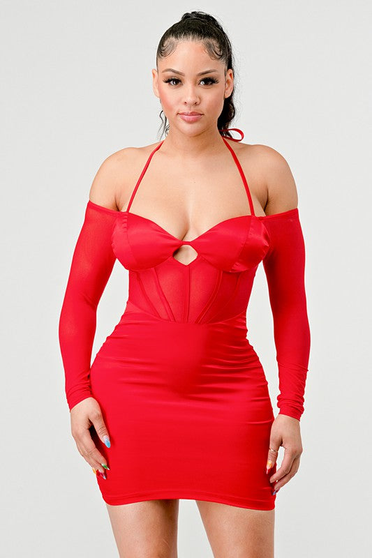 Satin See Through Contrast Bustier Dress - Red