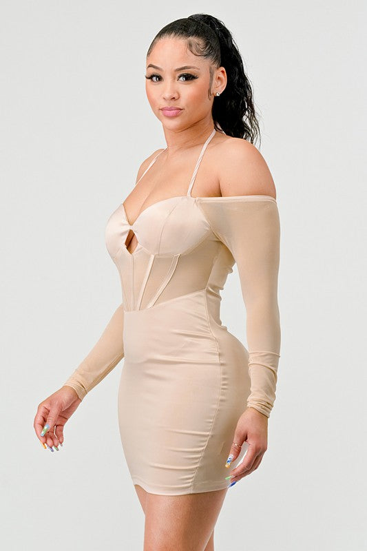 Satin See Through Contrast Bustier Dress - Nude