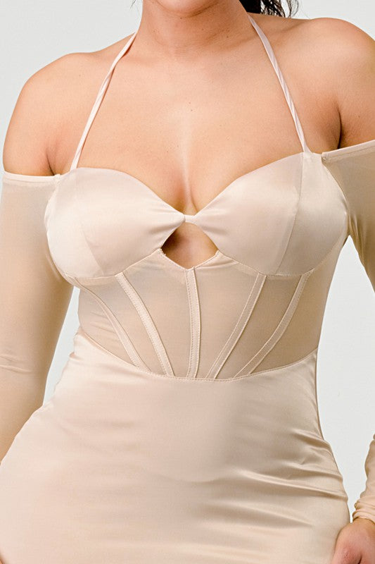 Satin See Through Contrast Bustier Dress - Nude - Close Up