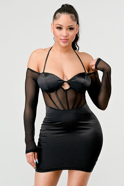 Satin See Through Contrast Bustier Dress - Black
