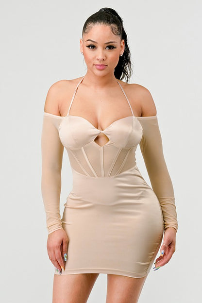 Satin See Through Contrast Bustier Dress - Nude