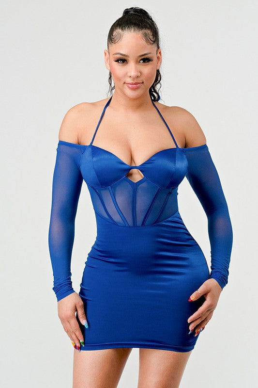 Satin See Through Contrast Bustier Dress - Blue