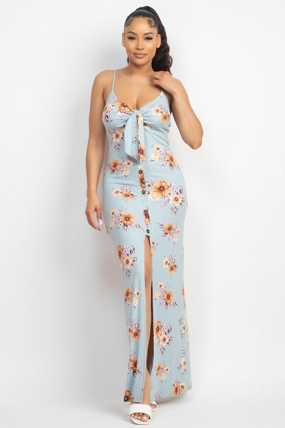 Front Tie Buttoned Floral Maxi Dress - Blue