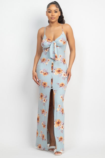 Front Tie Buttoned Floral Maxi Dress - Blue