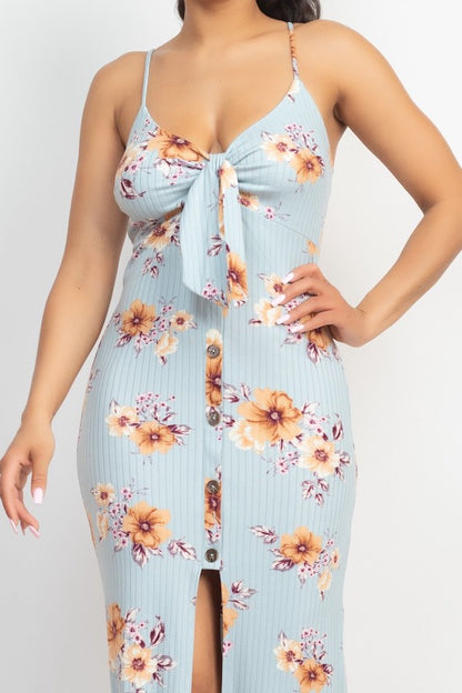 Front Tie Buttoned Floral Maxi Dress - Blue