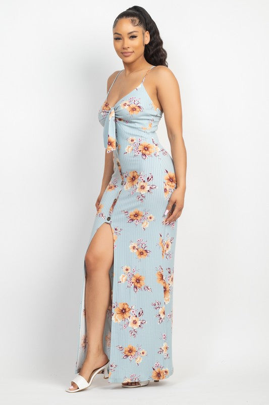 Front Tie Buttoned Floral Maxi Dress - Blue