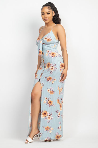 Front Tie Buttoned Floral Maxi Dress - Blue