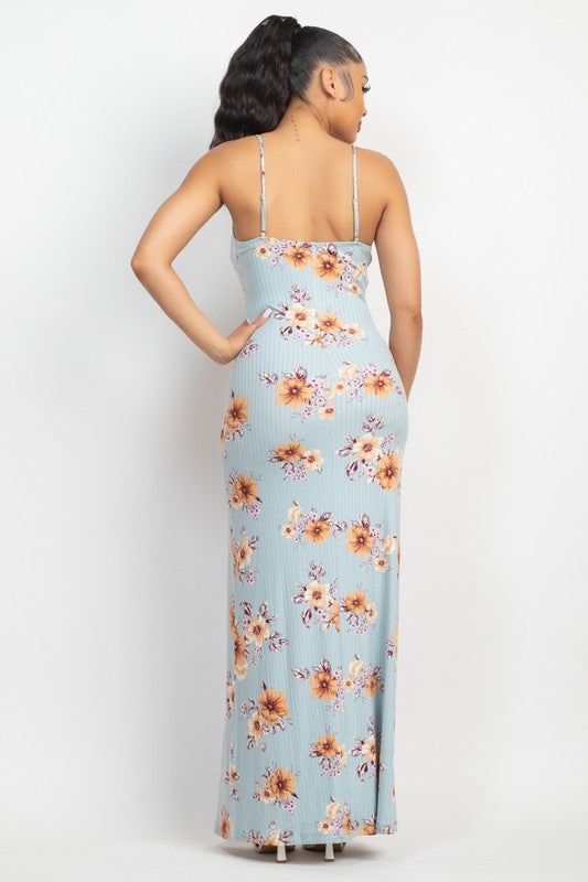 Front Tie Buttoned Floral Maxi Dress - Blue - Back View