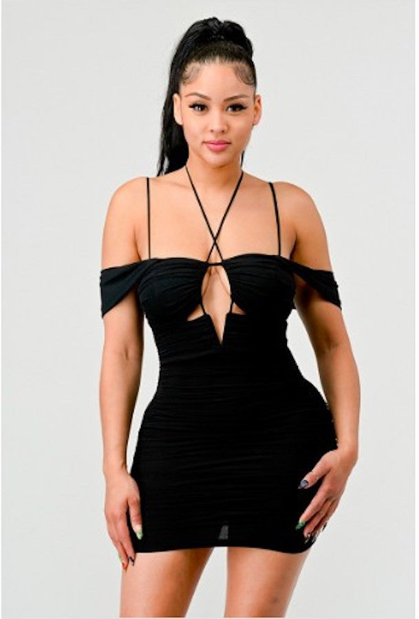 Luxe Mesh Drawstring Off Shoulder Dress in Black