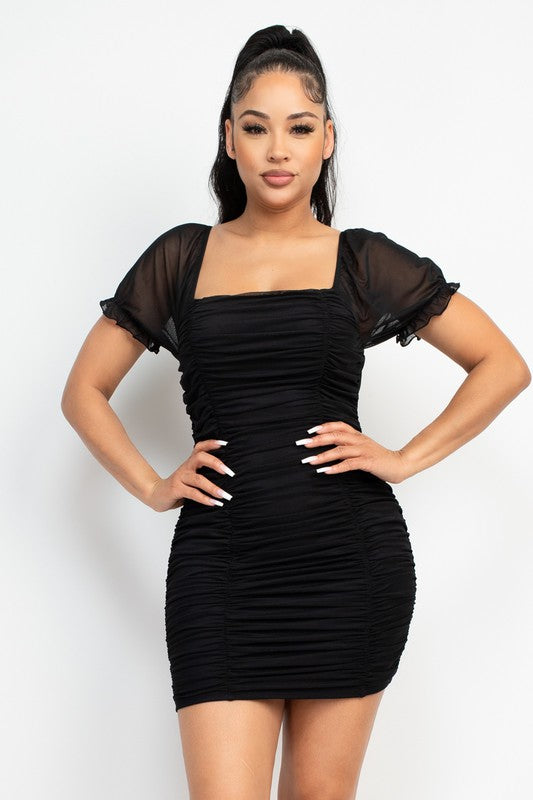 Ruched Mesh Ruffled Sleeve Bodycon Dress