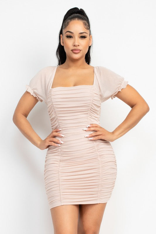 Ruched Mesh Ruffled Sleeve Bodycon Dress