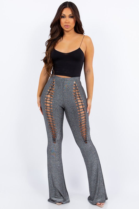 Twist Open Cannetille Bell Bottom Pants in Silver Color
