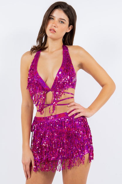 Strappy Fringe Sequin Set - Hot Pink