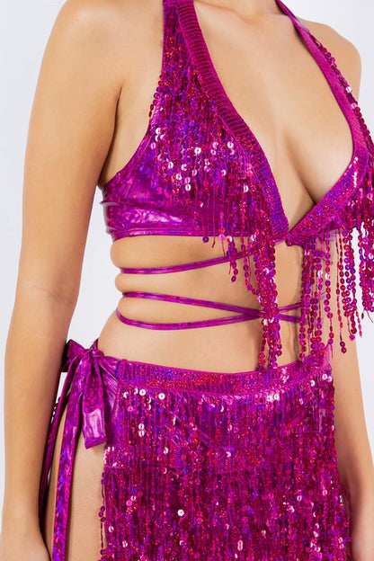 Strappy Fringe Sequin Set - Hot Pink