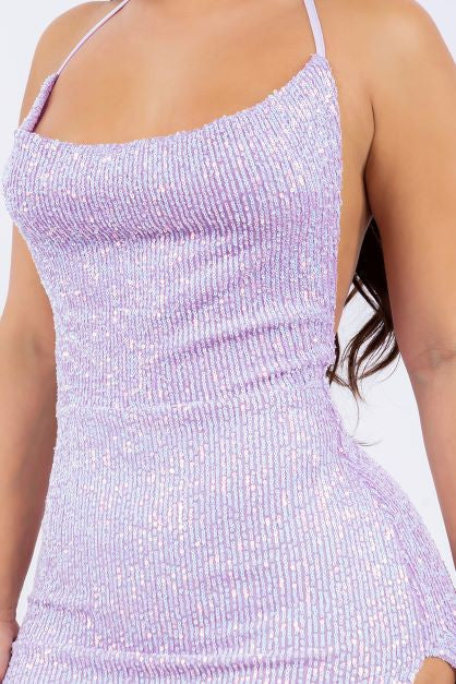 Halter Sequin Mini Dress With Side Slits - Lavender