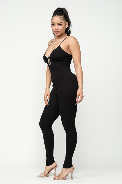 Rhinestone Catsuit Jumpsuit - Black