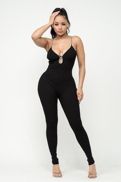 Rhinestone Catsuit Jumpsuit - Black
