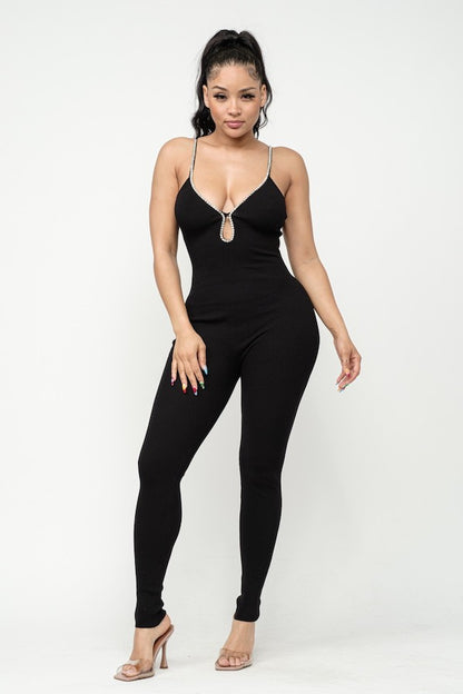 Rhinestone Catsuit Jumpsuit - Black