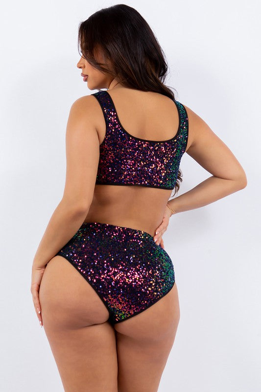 Sequin Tie Front Top And Cheeky Shorts Set - Iridescent Purple - Back View
