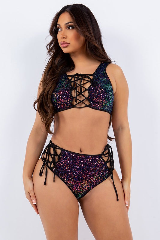 Sequin Tie Front Top And Cheeky Shorts Set - Iridescent Purple