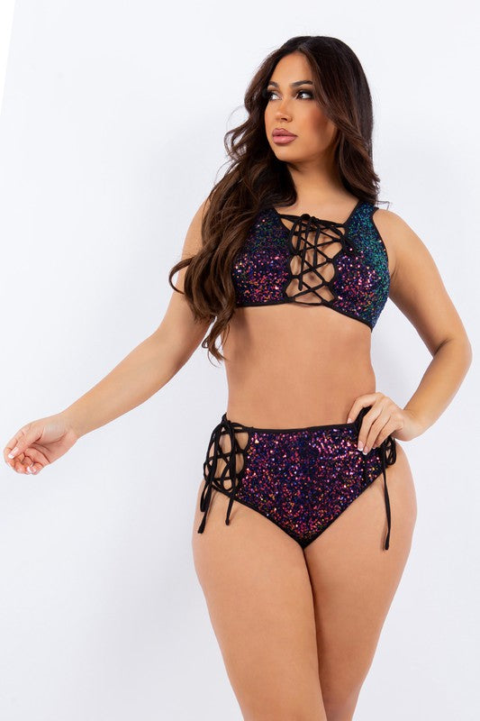 Sequin Tie Front Top And Cheeky Shorts Set - Iridescent Purple