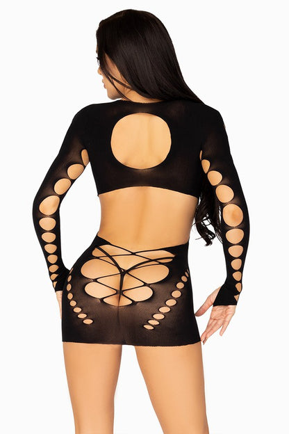 Seamless Long Sleeve Cut Out Dress - Black - Back View