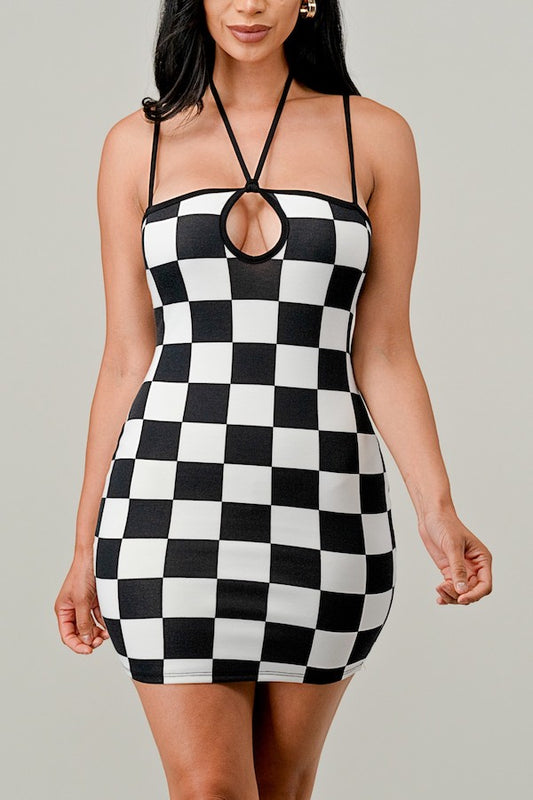 Checkered Halter Mini Dress - Black/White