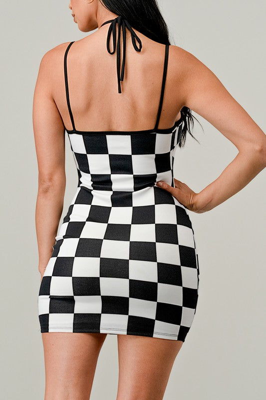 Checkered Halter Mini Dress - Black/White - Back View