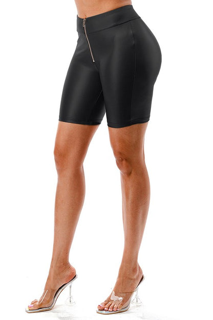 Pu Biker Shorts W/ Front Zipper - Black