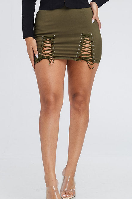 Double Side Lace Up Mini Skirt - Olive