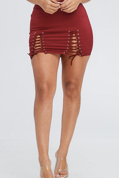 Double Side Lace Up Mini Skirt - Burgundy
