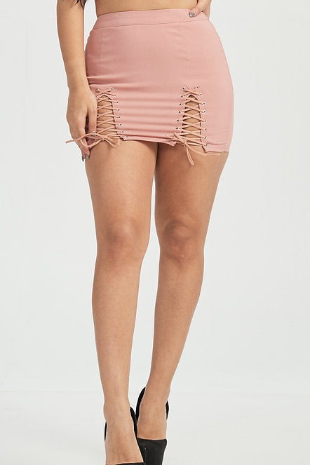 Double Side Lace Up Mini Skirt - Pink