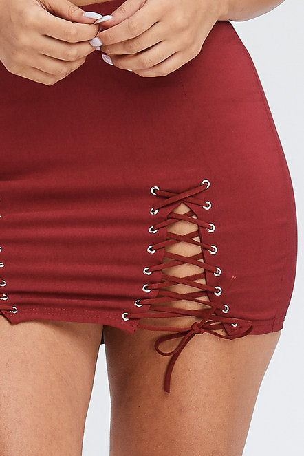 Double Side Lace Up Mini Skirt - Burgundy